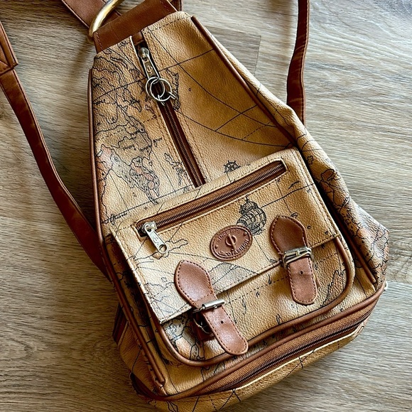 Vintage 90s Antique World Map Backpack Faux Leather 5 Pockets Tan Brown - Picture 1 of 15